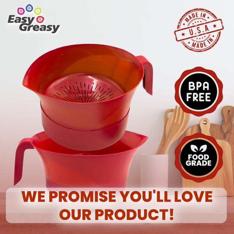 Easy Greasy Colander Grease Strainer With Handle And Container, Catch Bowl With Lid 3 Piece Strain Set | Strains Ground Beef, Bacon & Pasta | Safe Kitchen Gadget BPA Free | Made In The USA (Red) - Image 5